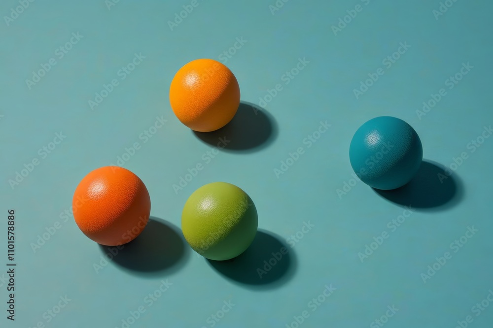 three balls of different colors are arranged on a blue surface three balls of different colors are arranged on a blue surface