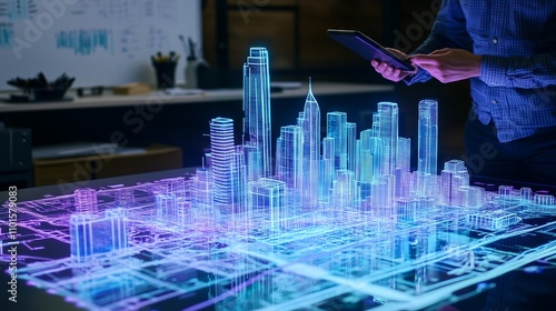 Architect using futuristic hologram software showing city buildings and streets