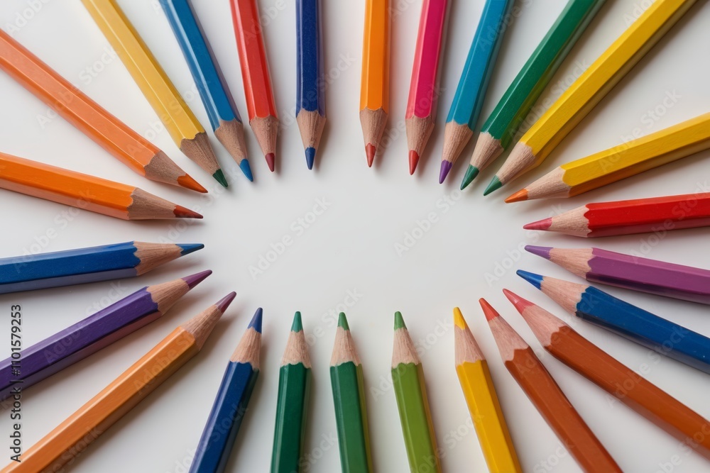 a close up of a circle of colored pencils on a white surface a close up of a circle of colored pencils on a white surface