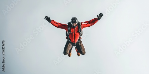 Skydiver in Red Suit Freefalling Against Clear Sky