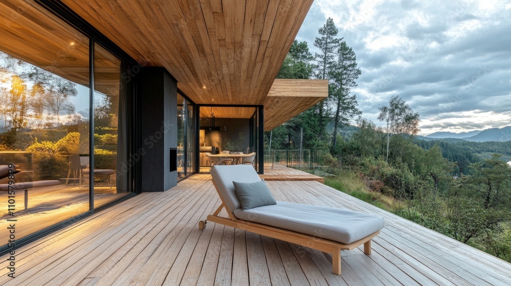 Stylish wooden terrace with panoramic windows and a soft lounge chair, designed for ultimate relaxation and luxury Stylish wooden terrace with panoramic windows and a soft lounge chair, designed for ultimate relaxation and luxury