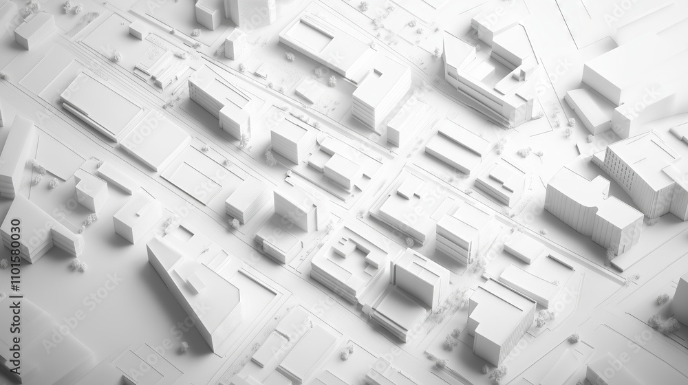 White architectural model of a modern city center under construction White architectural model of a modern city center under construction