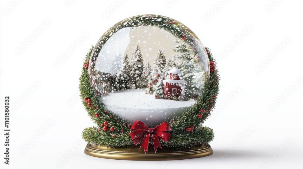 Classic snow globe with a festive wreath design around the base, featuring a snowy Christmas scene inside, on white Classic snow globe with a festive wreath design around the base, featuring a snowy Christmas scene inside, on white