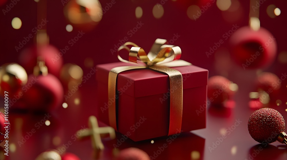 Red Gift Box With Gold Ribbon And Ornaments Red Gift Box With Gold Ribbon And Ornaments