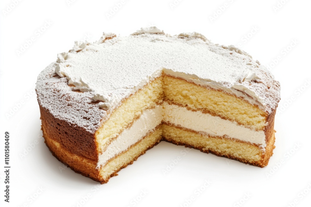 Torta paradiso with vanilla sponge and powdered top on white background Torta paradiso with vanilla sponge and powdered top on white background