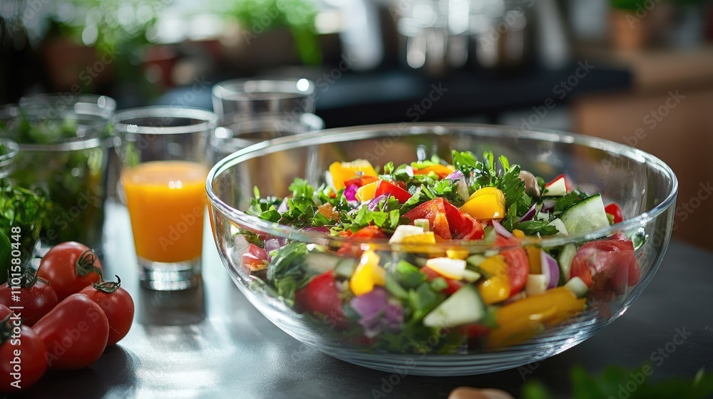 Vibrant salad in a clear bowl surrounded by fresh vegetables, herbs, and glasses in a lively kitchen, capturing the essence of culinary preparation. Vibrant salad in a clear bowl surrounded by fresh vegetables, herbs, and glasses in a lively kitchen, capturing the essence of culinary preparation.