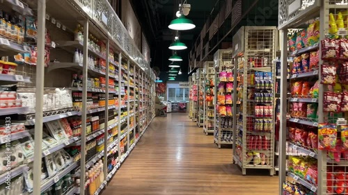 Empty supermarket aisle nobody with various products on shelves.