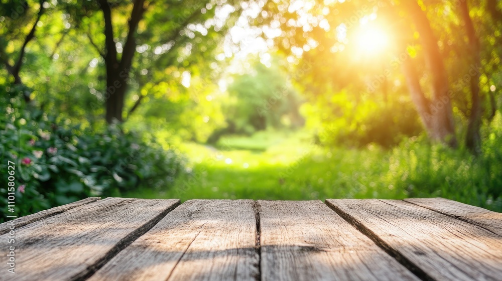 Wooden tabletop in focus with a blurred green garden background illuminated by warm sunlight, creating a serene outdoor ambiance. Wooden tabletop in focus with a blurred green garden background illuminated by warm sunlight, creating a serene outdoor ambiance.