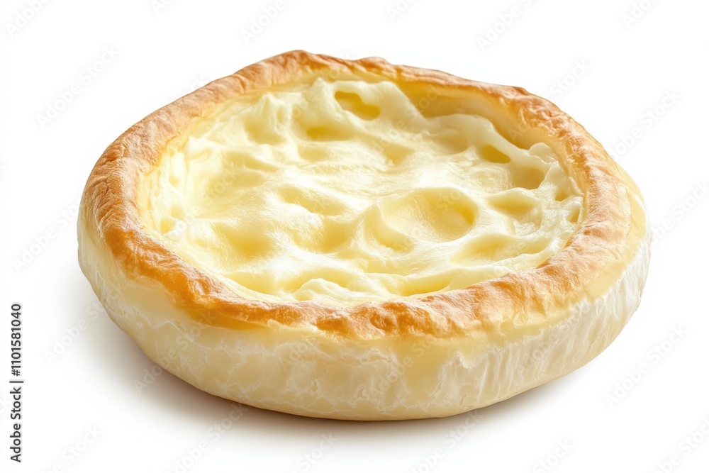 Vatrushka with cheese filling and raised edges on white background Vatrushka with cheese filling and raised edges on white background
