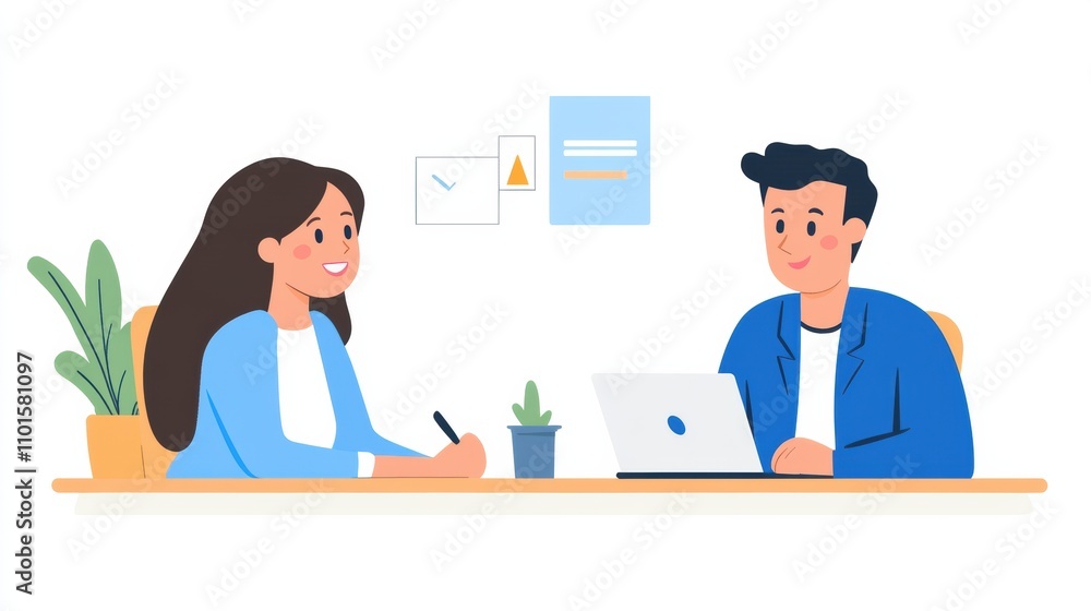 A manager giving feedback to an employee, both smiling and engaging in positive dialogue A manager giving feedback to an employee, both smiling and engaging in positive dialogue