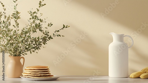 Minimalist Still Life: Pancakes, Greenery, and Pitcher on Beige Background