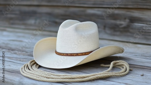 Traditional white straw cowboy hat and Western lariat lasso with leather roper boots against a rustic weathered barn wood background.