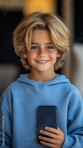  12 years old kid holding smartphone wearing blue sweater smiling to camera at home photo