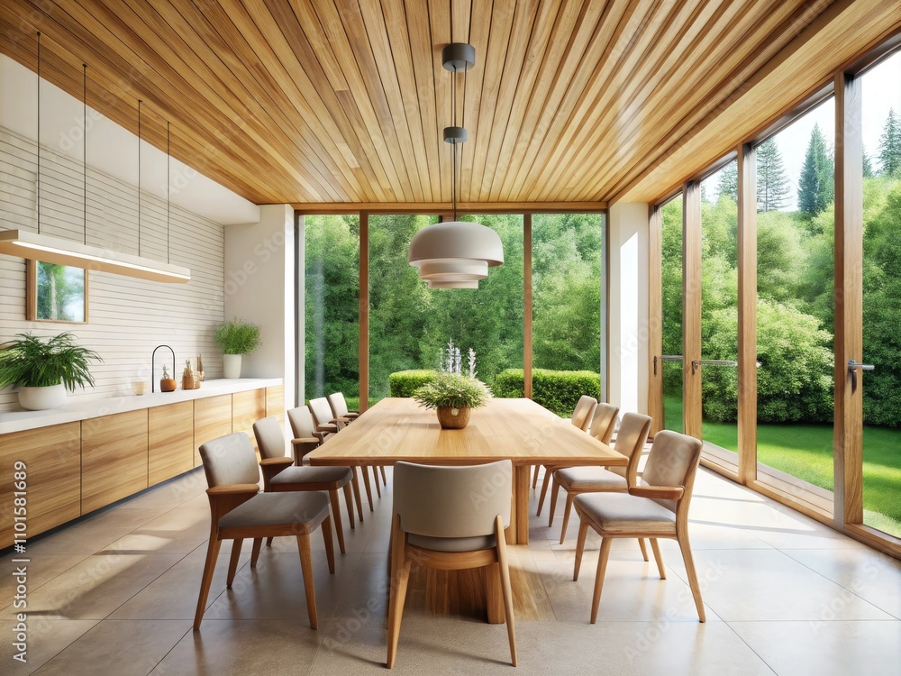 Fototapeta premium Minimalist Dining Room Design: Light Wood, White Walls, Garden View - Architectural Photography