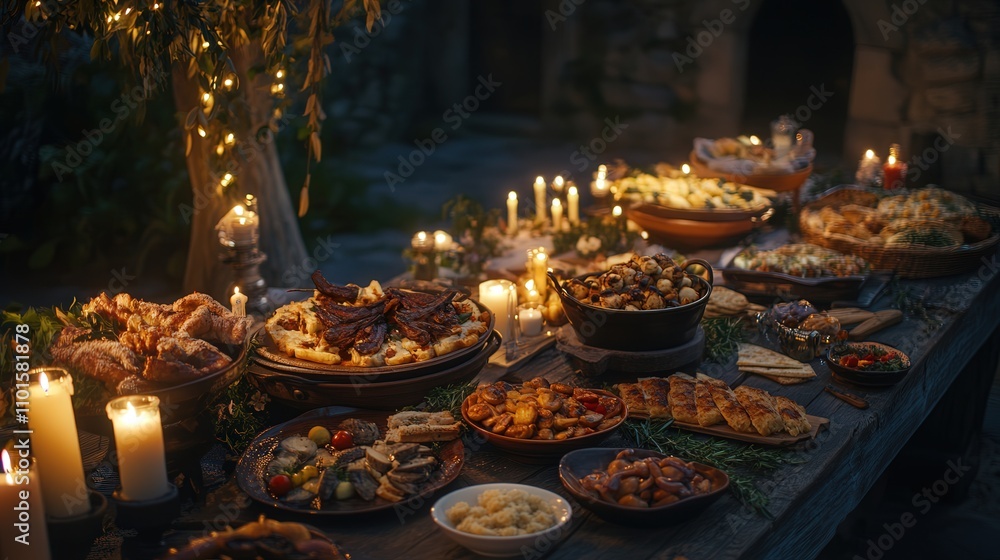 Fototapeta premium A 4K photo capturing a beautifully set table, full of delicious food and appetizers, with candles placed all around the table