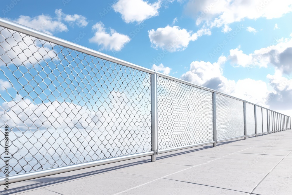 Aluminum Fence. Aluminium Balustrade in Construction Site with Steel Metal Building Background Aluminum Fence. Aluminium Balustrade in Construction Site with Steel Metal Building Background