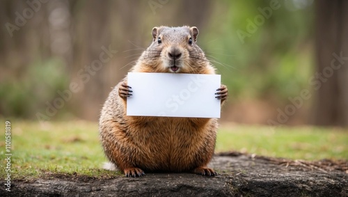 Groundhog with Blank Sign: A curious groundhog sits on a rock in a grassy forest, holding a blank white sign in front of its face.  The perfect image for a nature-themed message or announcement.  photo