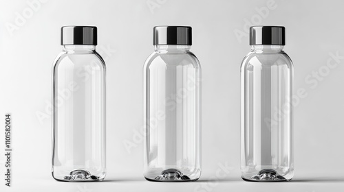 Clear water bottle trio with metallic caps positioned against a clean white background, showcasing a sleek and modern design.