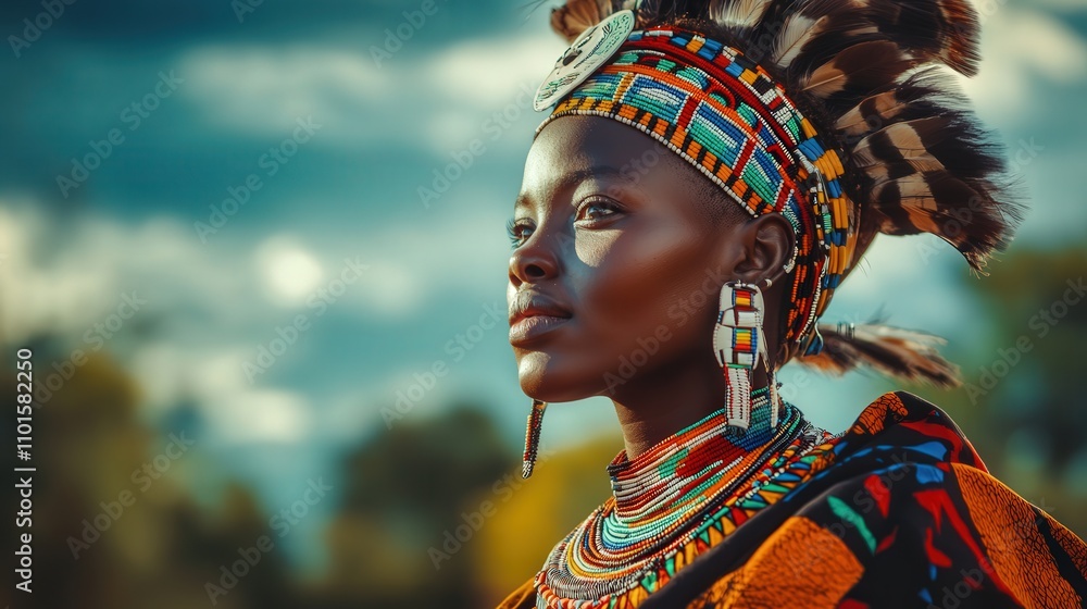 Obraz premium A 4K photo capturing an African tribal woman in full traditional regalia, the vibrant colors of her clothing contrasted against
