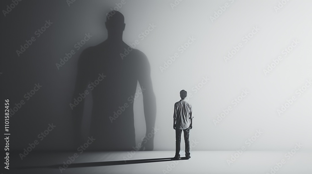 A man stands facing a wall, his back to the camera, with a giant shadow towering over him. The image plays with scale, light, and evokes introspective themes of fear or confronting inner demons.