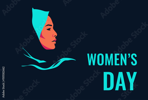 Womens day poster with young muslim woman in hijab and greeting text. Girl power and feminism concept for Empowerment females rights. Vector illustration