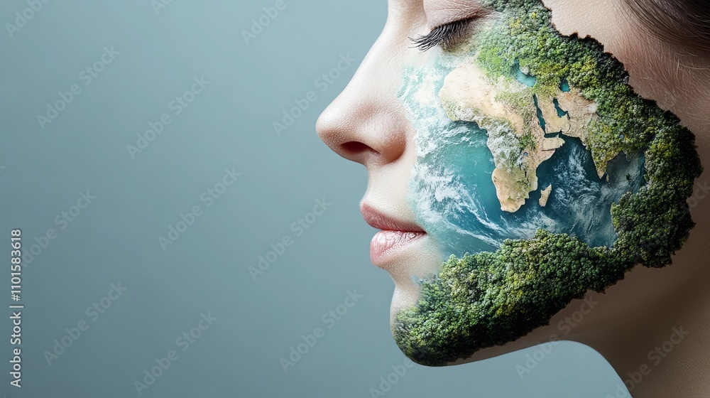 A female figure with a serene expression, her face creatively blended with a vibrant depiction of the Earth, showcasing lush greenery and oceans. A female figure with a serene expression, her face creatively blended with a vibrant depiction of the Earth, showcasing lush greenery and oceans.