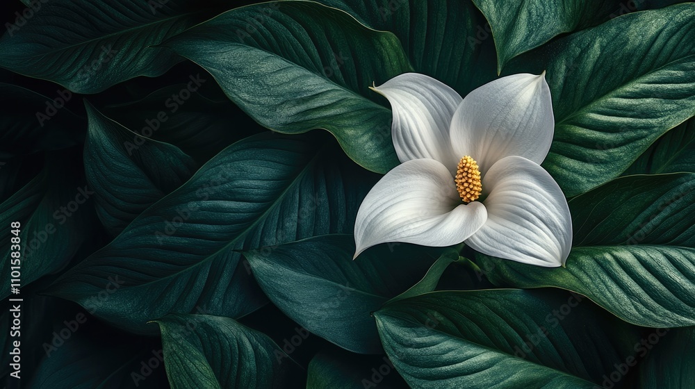 Obraz premium Elegant white flower with petals radiating purity, set against a backdrop of lush green leaves, embodying the tranquility of nature.