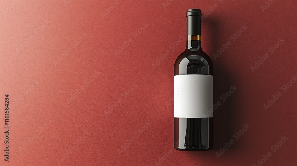 Single red wine bottle with blank label against a textured maroon background. Single red wine bottle with blank label against a textured maroon background.