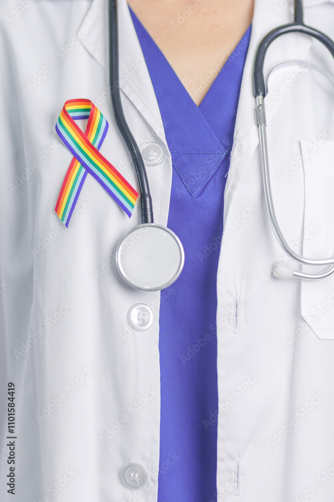 Doctor with LGBTQ Rainbow ribbon for Support Lesbian, Gay, Bisexual, Transgender and Queer community and happy Pride month concept Doctor with LGBTQ Rainbow ribbon for Support Lesbian, Gay, Bisexual, Transgender and Queer community and happy Pride month concept