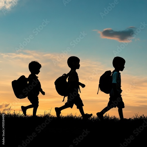 Silhouette of Refugee Kids at Sunset