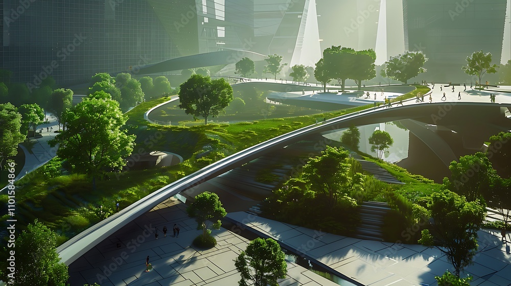 A sleek bridge connecting two green parks in a bustling city A sleek bridge connecting two green parks in a bustling city