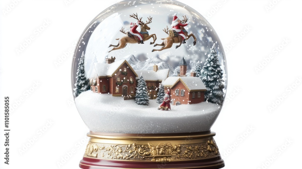 Decorative snow globe with Santa and reindeer flying over a village, with snow swirling inside, on a white background Decorative snow globe with Santa and reindeer flying over a village, with snow swirling inside, on a white background