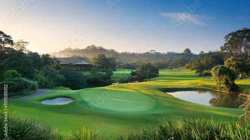 Serene golf course landscape illuminated by soft dawn light, featuring lush green fairways, tranquil water features, and a peaceful morning atmosphere.
