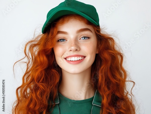 A woman with long red hair wearing a green hat photo