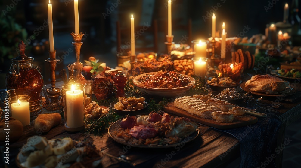 A 4K photo of a lavish dinner table set with an assortment of foods and delicacies, with lit candles adding a soft, A 4K photo of a lavish dinner table set with an assortment of foods and delicacies, with lit candles adding a soft,