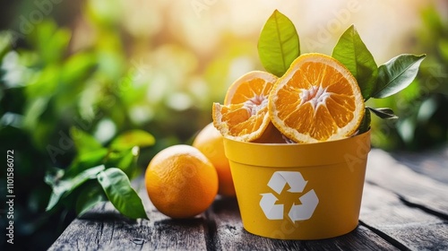 Transforming Orange Peels into Sustainable Energy with Vibrant Oranges and Fresh Green Leaves in a Bright Yellow Recycling Pot photo