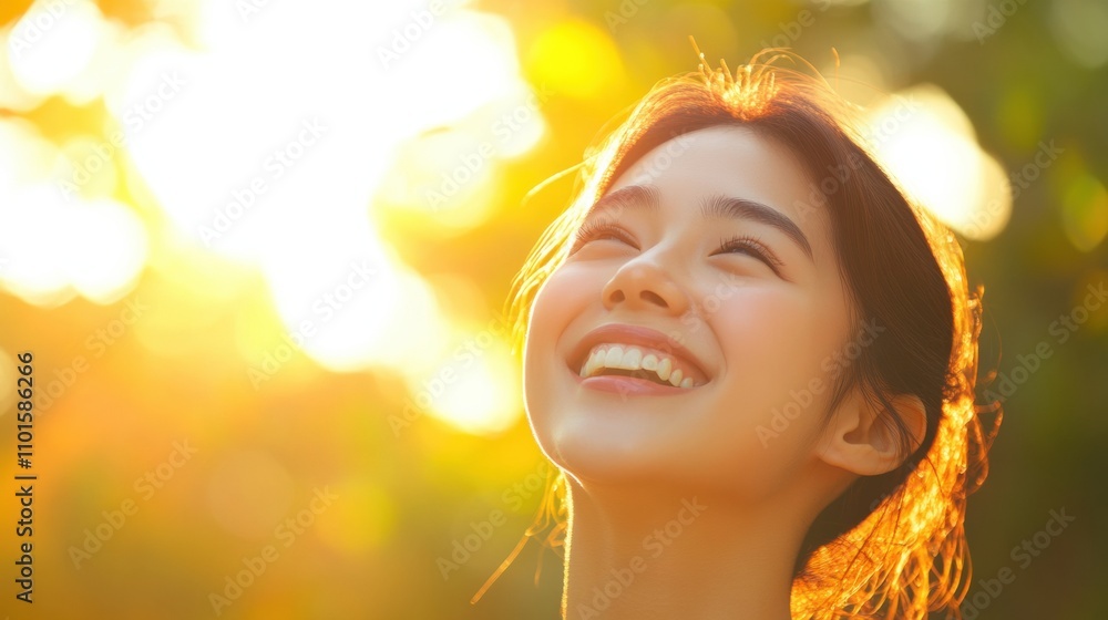 Fototapeta premium A natural, candid shot of a mixed-heritage Asian woman laughing, her face glowing in the sunlight as her joyful expression captures a moment of pure happiness
