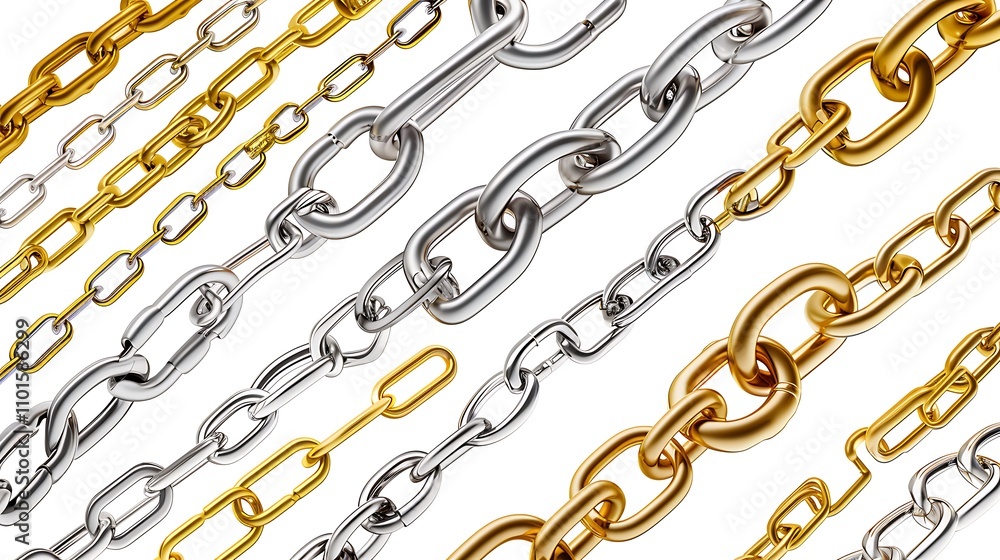A collection of various metal chains in gold and silver, showcasing different styles and link designs. A collection of various metal chains in gold and silver, showcasing different styles and link designs.