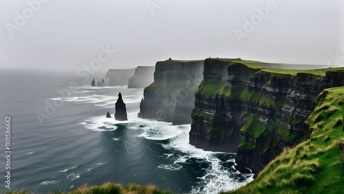 The cliffs of moher in ireland with waves crashing against rugged cliffs on a foggy day, AI Generated
