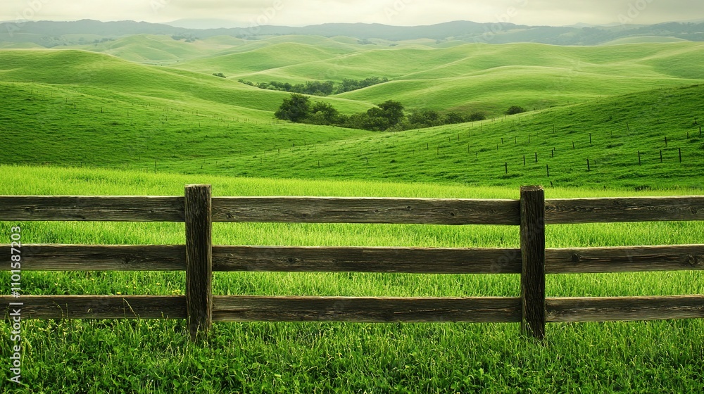Serene Rolling Hills: A rustic wooden fence frames a picturesque landscape of verdant hills under a soft sky. The scene evokes a sense of peace and tranquility. Serene Rolling Hills: A rustic wooden fence frames a picturesque landscape of verdant hills under a soft sky. The scene evokes a sense of peace and tranquility.