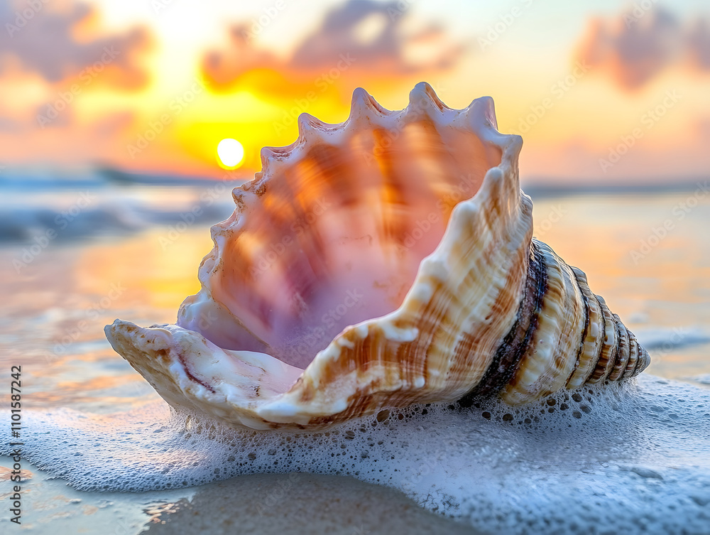 A beautiful seashell resting on the shore with a sunset in the background. A beautiful seashell resting on the shore with a sunset in the background.