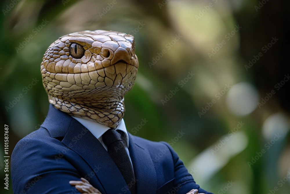 Fototapeta premium A suited man with a snake head confidently poses in a forest setting during early autumn