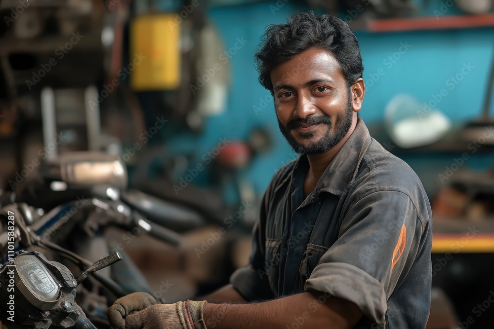 Indian mechanic smiles at camera in workshop. Works on motorcycle. Pro, happy. Indoor shot shows repairman at work. Expert technician. Focus on person. Indian man in uniform. Automobile repair shop. Indian mechanic smiles at camera in workshop. Works on motorcycle. Pro, happy. Indoor shot shows repairman at work. Expert technician. Focus on person. Indian man in uniform. Automobile repair shop.