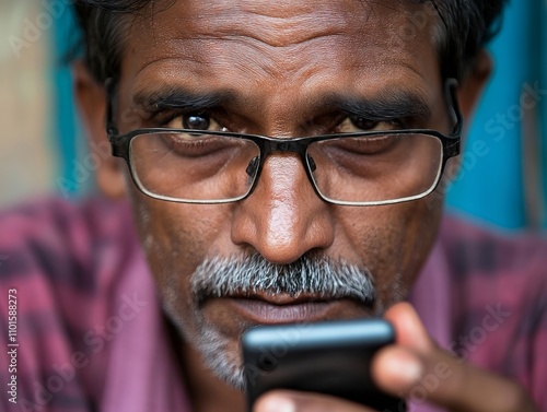 A man with glasses looking at his cell phone photo