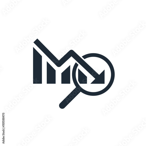 Down trend arrow chart and monitoring and control tool. Economic crisis, bankruptcy, trading decrease, business and finance risk. Vector linear icon isolated on white background.