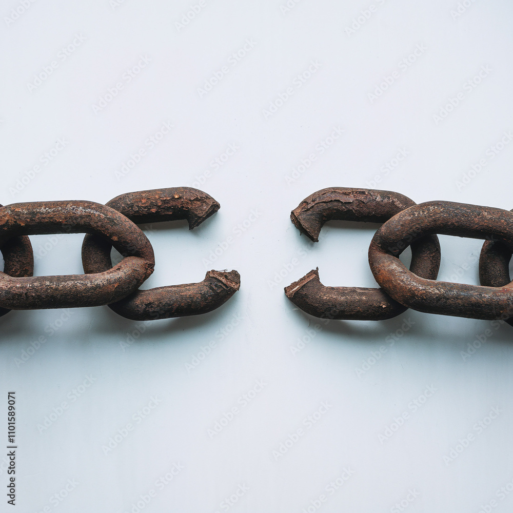 Obraz premium Broken Rusty Chain Links Isolated on White Background