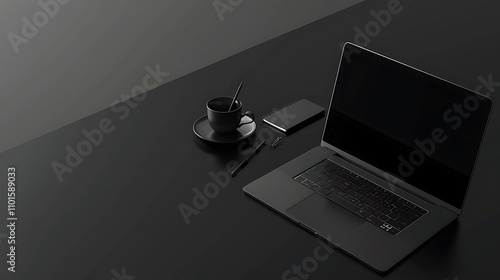 A minimalistic desk with a laptop and stationery on a solid black background