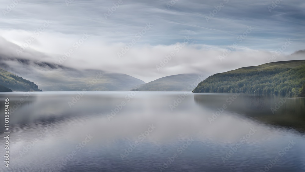 The peaceful waters of loch ness scotland with mist and distant rolling hills, AI Generated The peaceful waters of loch ness scotland with mist and distant rolling hills, AI Generated