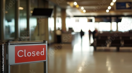 Closed airport counter with empty chairs and a sign indicating no flights available. A symbol of travel disruption and unexpected changes in plans.