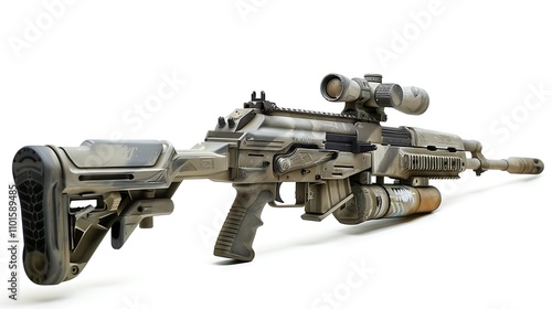 An Army rifle with a vertical foregrip and laser sight, isolated on a white background. photo